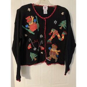 Embroidered Nutcracker Christmas Cardigan L Ugly Sweater Granny Black Vintage